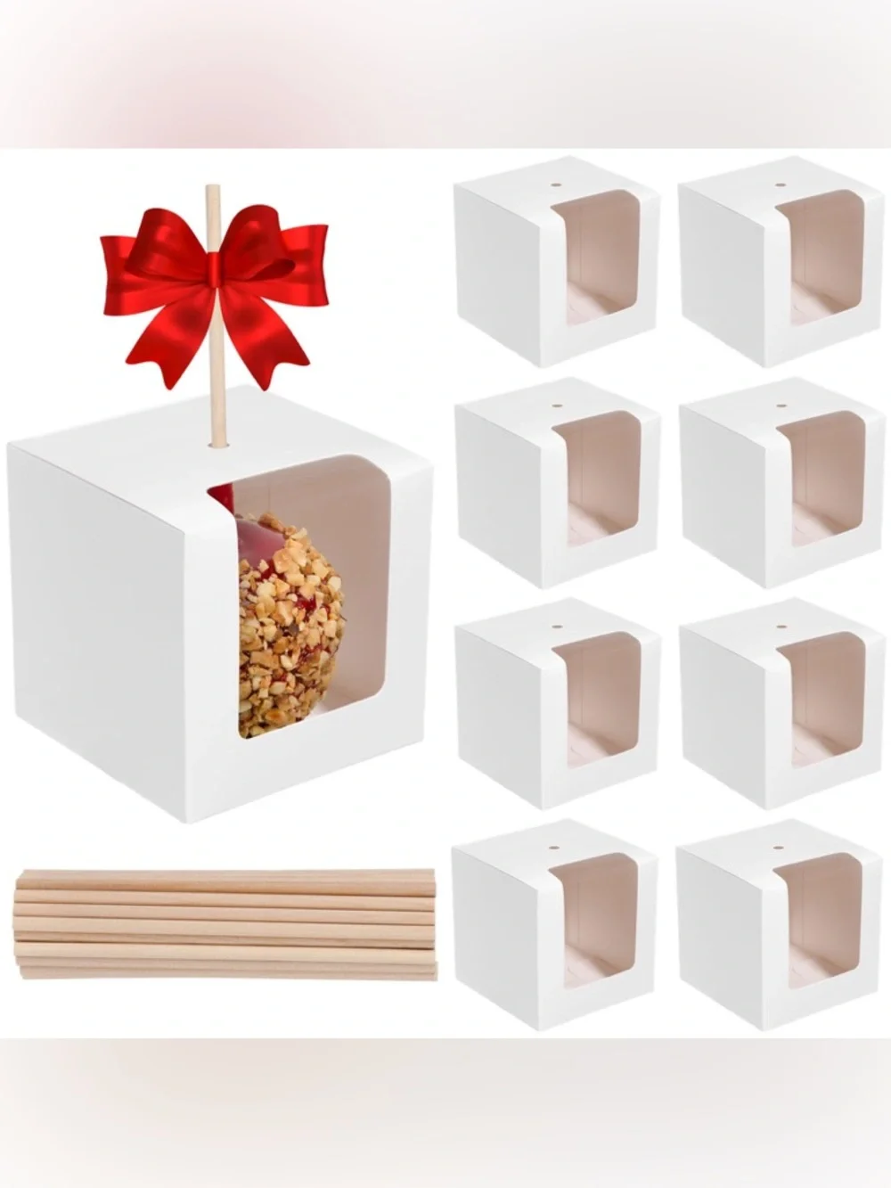 White Candy Apple Favor Boxes with Window and Skewers - 100 Pack